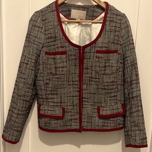 Banana Republic tweed ladies jacket. Cream/black with a dark red  border.